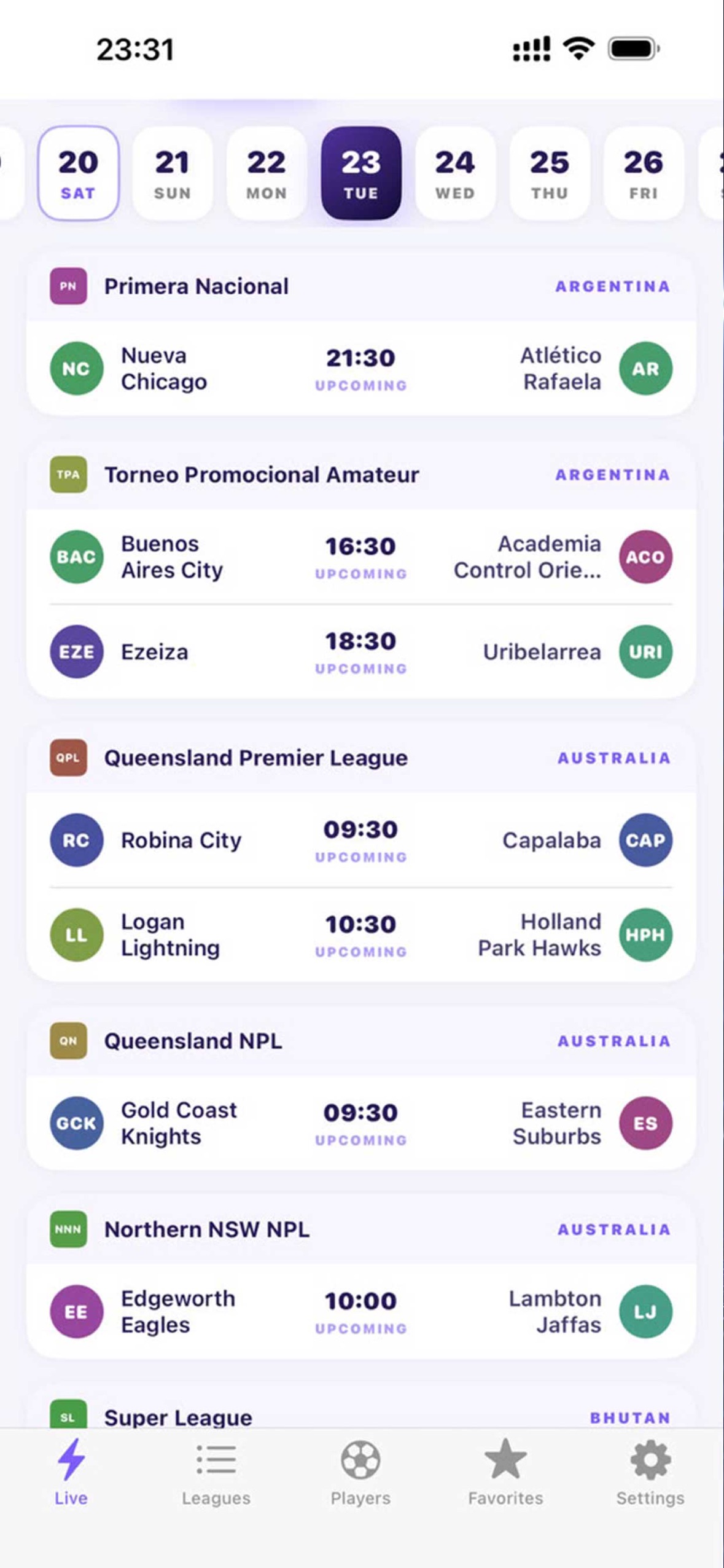 Fixtures from leagues in Argentina, Australia and Bhutan